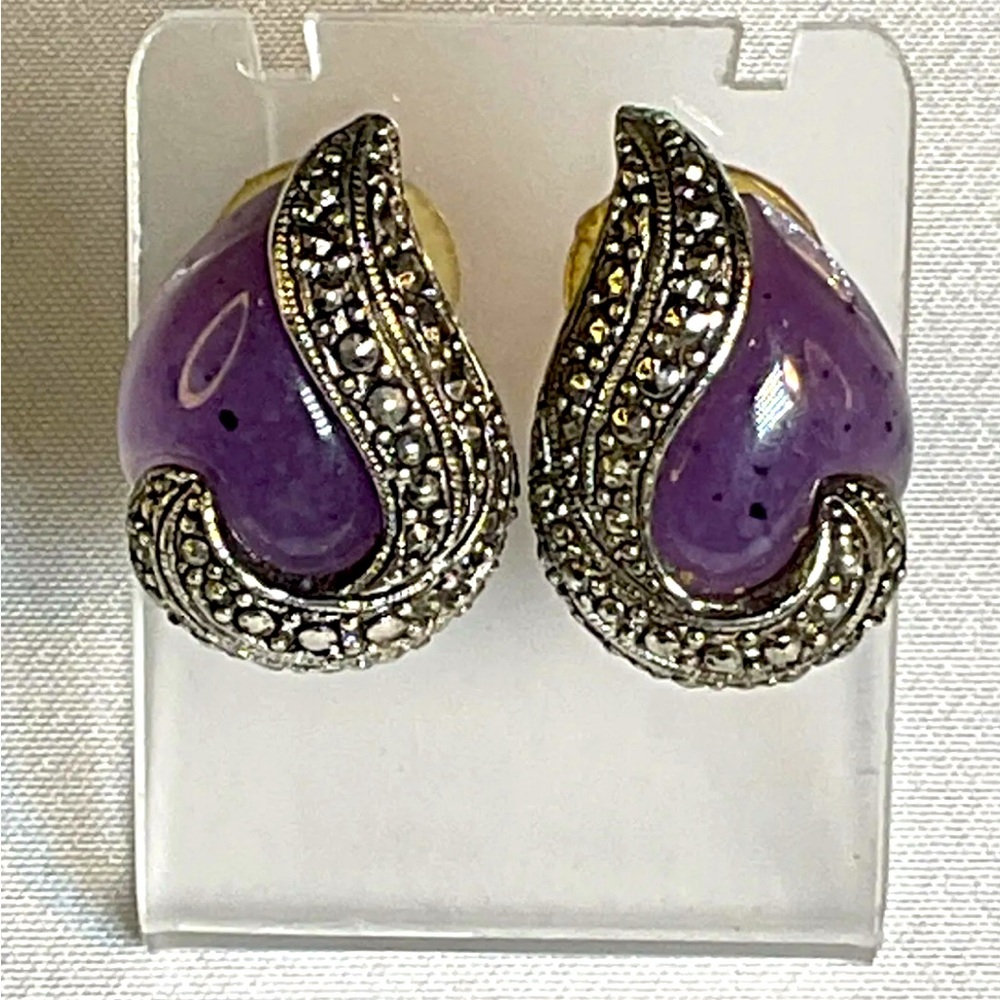Vintage 1980s‎ Silver Hematite and Amethyst Cabochon Earrings Stud Style